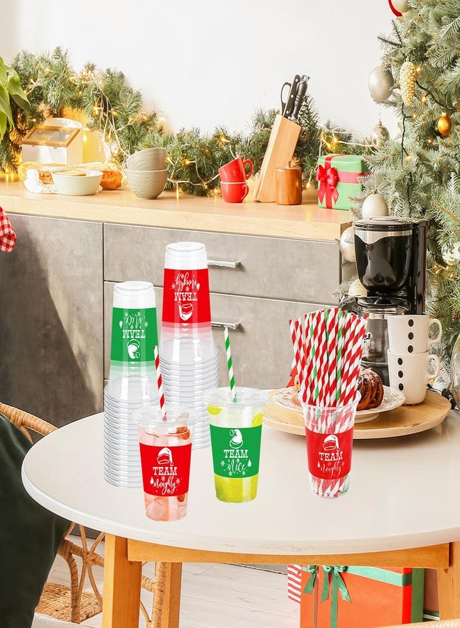 JarThenaAMCS 50Pcs 12Oz Christmas Plastic Cups with Lids & Straws Team Nice or Naughty Disposable Clear Drinking Cups for Winter Xmas Party Supplies - Image 5